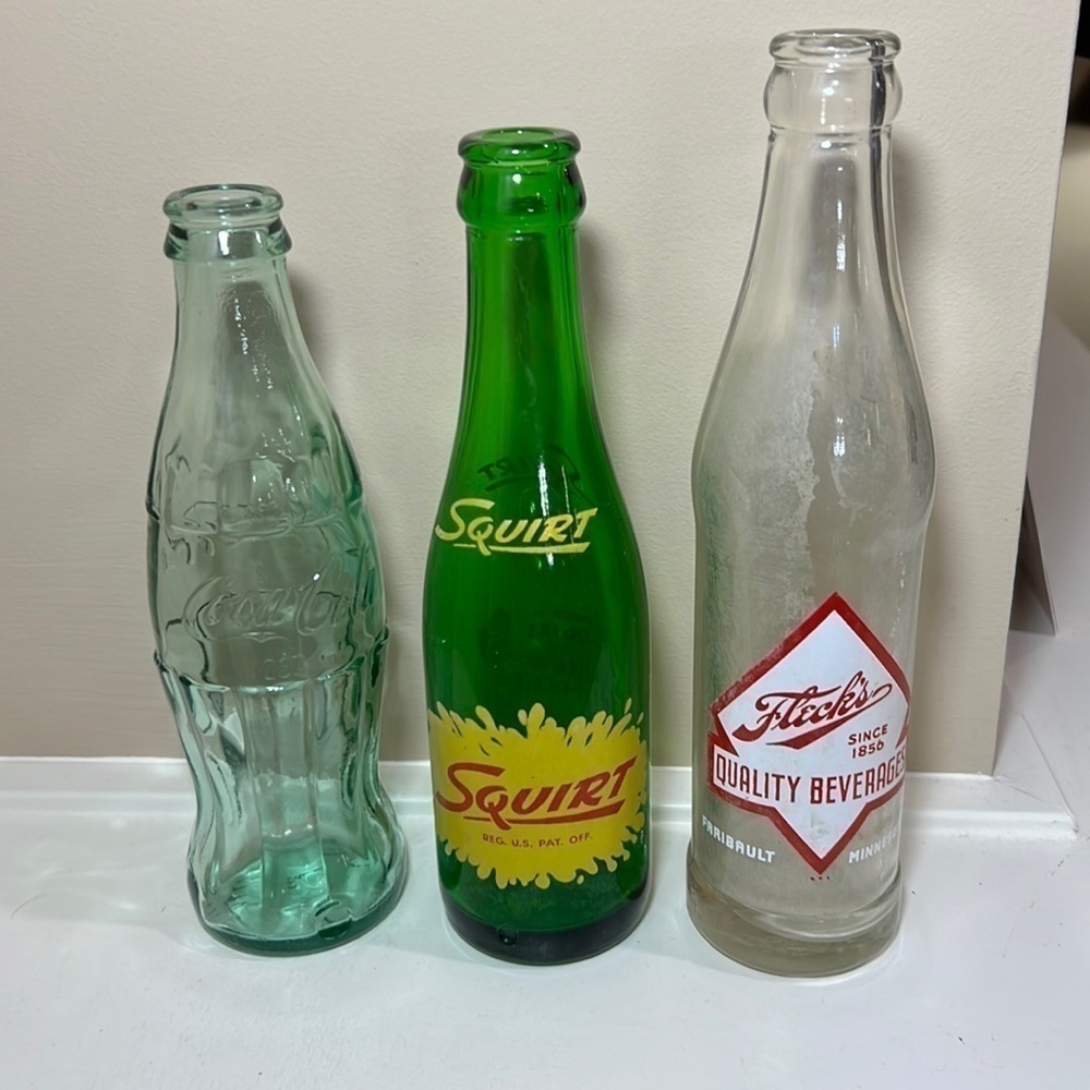 Vintage Squirt Fleck’s Coke Green Glass Bottles
